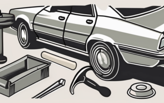 A car with a visible dent and a set of tools like a plunger