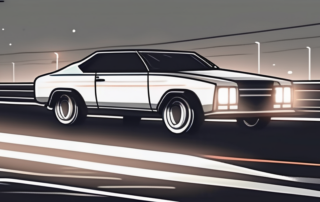 A car on a dark road with its headlights illuminating the path ahead