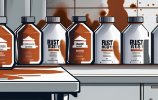 Several bottles of rust converter products lined up on a workbench in a garage