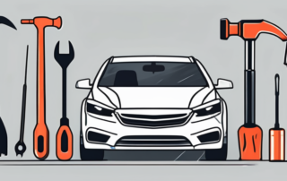 A car with visible dents and a set of tools commonly used for automobile bodywork repair