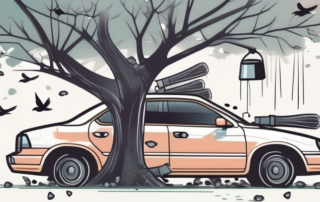 A car parked under a tree with birds perched on the branches