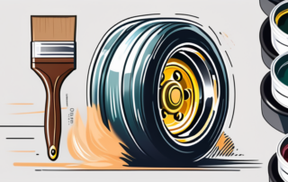 A car wheel with a paintbrush and a can of paint next to it