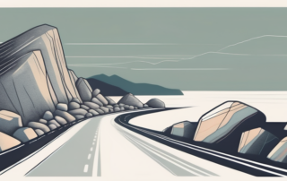 A highway with various sized stones bouncing onto the road from a nearby cliff