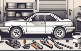 A car in a garage with various tools and car parts around