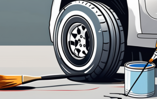A car tire with a paintbrush and a can of paint next to it