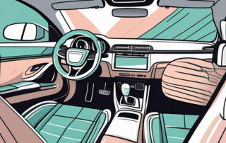 Various car interior cleaning products arranged neatly inside a car with a sparkling clean interior to highlight the effect of the cleaners
