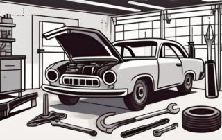 A car in a workshop with an open hood