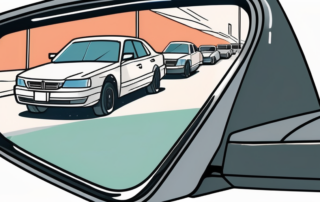 A car's side mirror with a price tag hanging off it