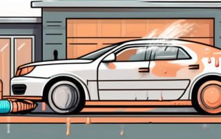 A car exterior with various cleaning tools like a sponge