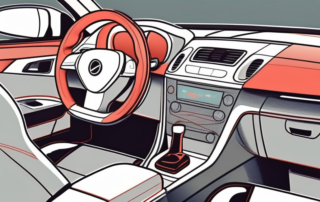 A car interior focusing on a plastic surface with visible scratches and various tools and products used for scratch removal nearby