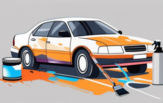 A car partially covered with painter's tape and a spray paint can nearby