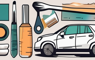 A car with visible paint chips and a set of repair tools like paint