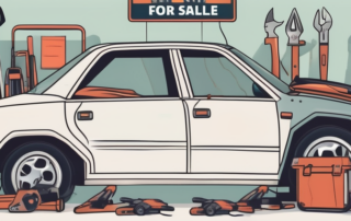 A damaged car with a "for sale" sign on it