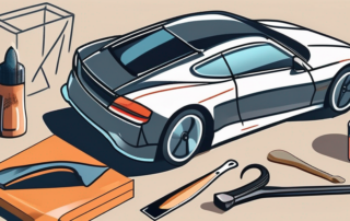 A car with visible scratches on its surface next to a set of tools commonly used for scratch removal