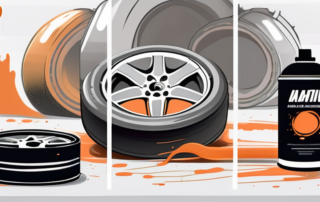 A set of alloy wheels with a paintbrush and a can of spray paint nearby