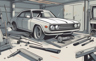A distorted car frame in a garage with various tools and equipment scattered around