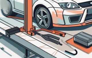 A car in a workshop with focus on its underbody