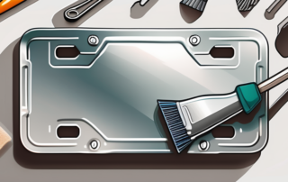 A car license plate being covered with a foil wrap