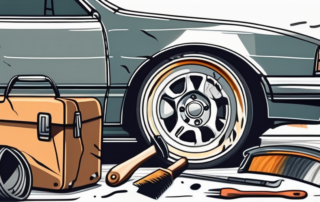 A damaged car wheel with visible scratches and dents