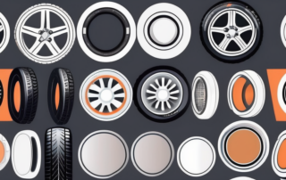 A variety of car tires with different tire care products next to them