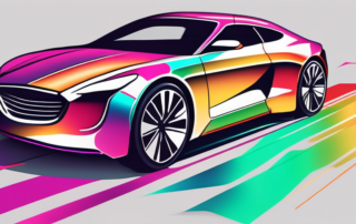 A car in the process of being fully wrapped in a vibrant colored foil