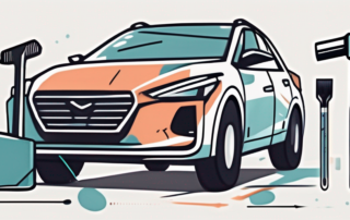 A car with visible dents and a set of professional tools nearby