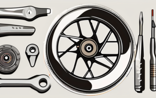 A bicycle wheel with visible wobble (höhenschlag) and various repair tools like spoke wrench
