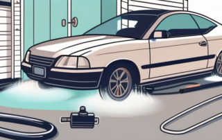 A car in a driveway with a pressure washer and various cleaning tools nearby