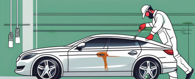 A car with a noticeable scratch being repaired with an auto touch-up paint pen