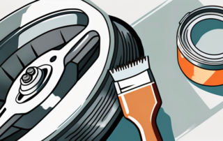 A car brake caliper with a paintbrush and a can of paint nearby