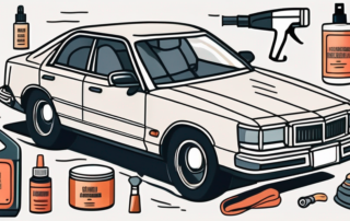 A well-maintained car with various car care products like wax