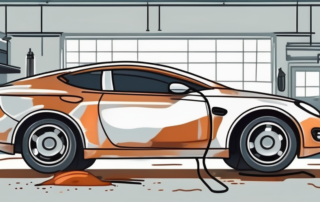 A car undergoing various stages of rust protection