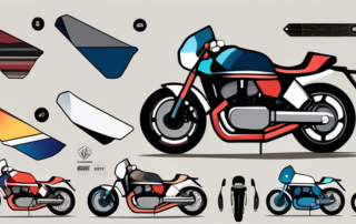 A motorcycle with various parts highlighted