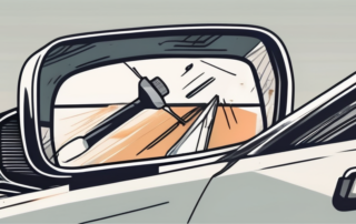 A broken car side mirror with a toolbox nearby