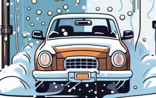 A car going through a car wash with snow falling around it