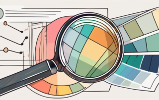 A magnifying glass focusing on a color palette with various shades of colors