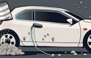A car covered in pigeon droppings with cleaning tools like a sponge