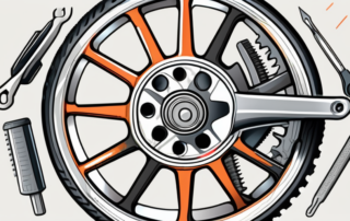 A bicycle wheel with various tools like a wrench