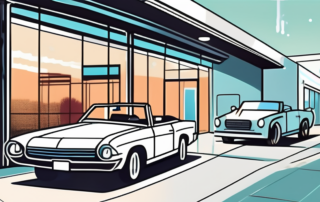 A pristine convertible car exiting a high-tech car wash facility
