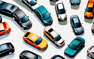 A car dealership with a variety of cars in different colors and styles