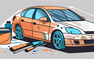 A car partially covered in paint with various tools like a paint scraper