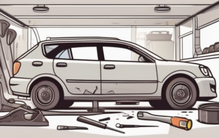 A damaged car with various inspection tools like a flashlight and magnifying glass nearby