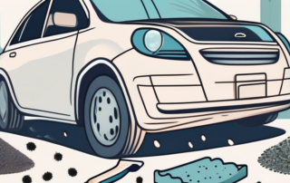 A variety of cleaning tools and products next to a car with bird droppings on it