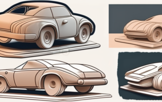 Various stages of a model car being sculpted from clay