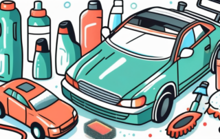Various car cleaning tools like a bucket filled with soapy water