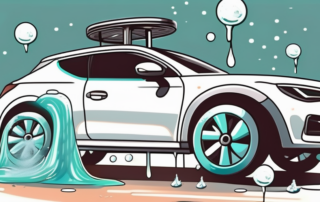 A car being cleaned with various cleaning tools and products