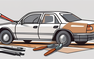 A car with visible paint chips and a set of tools like paint