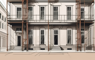 A beautifully restored vintage building with scaffolding and tools around