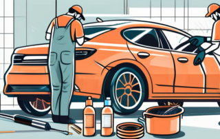 A set of car rims being cleaned with a variety of tools like brushes and cleaning solutions