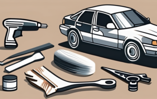A car with visible paint damage and a set of tools typically used for vehicle paint repairs